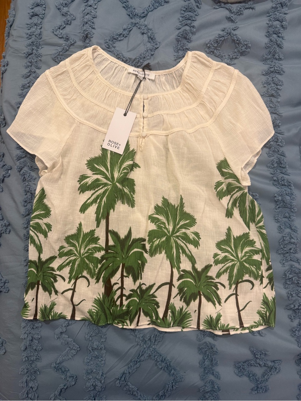 Rose & Olive Cream Short Sleeve Palm-Print Blouse
